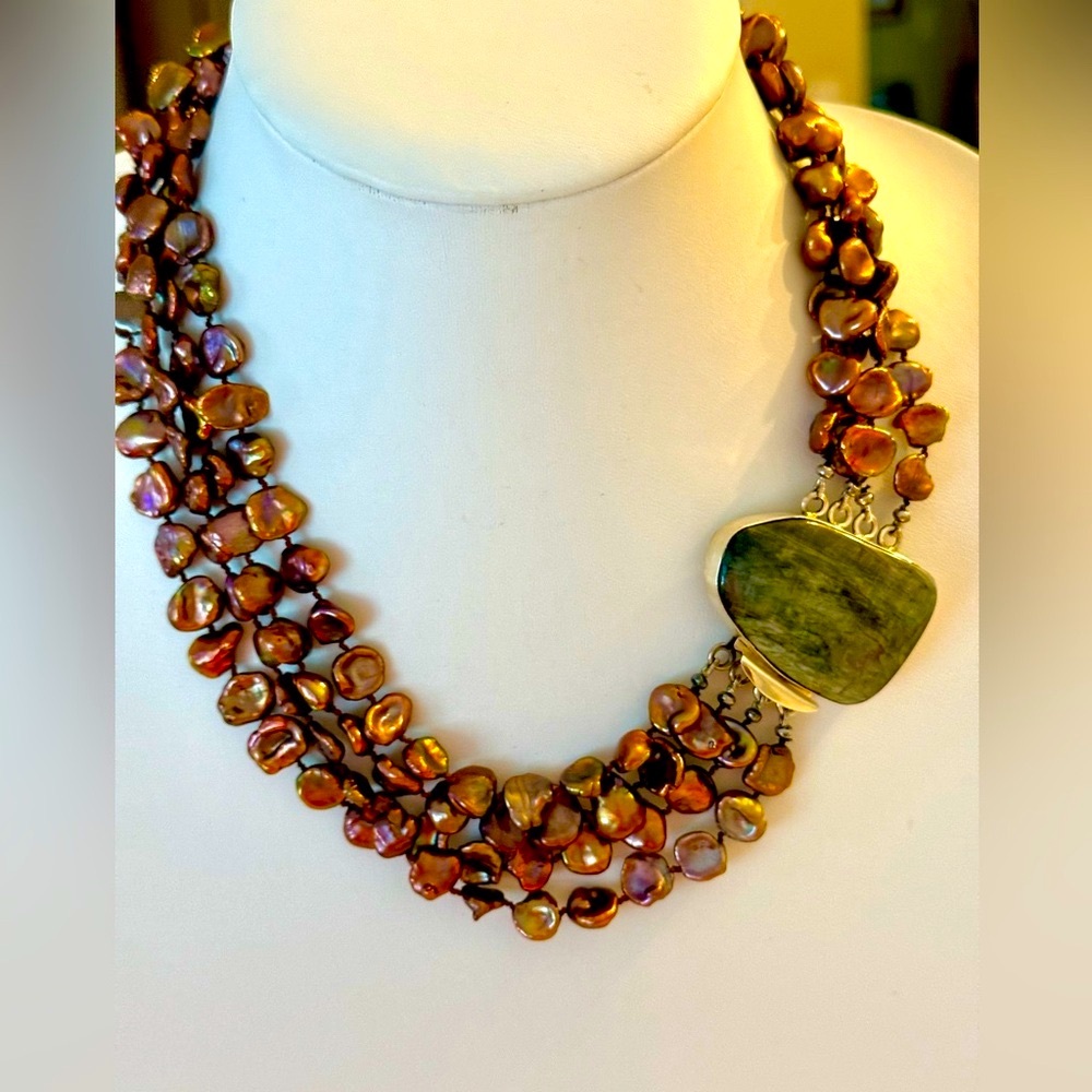 Keshi Pearl necklace with Jasper pendant - Picture 6 of 16